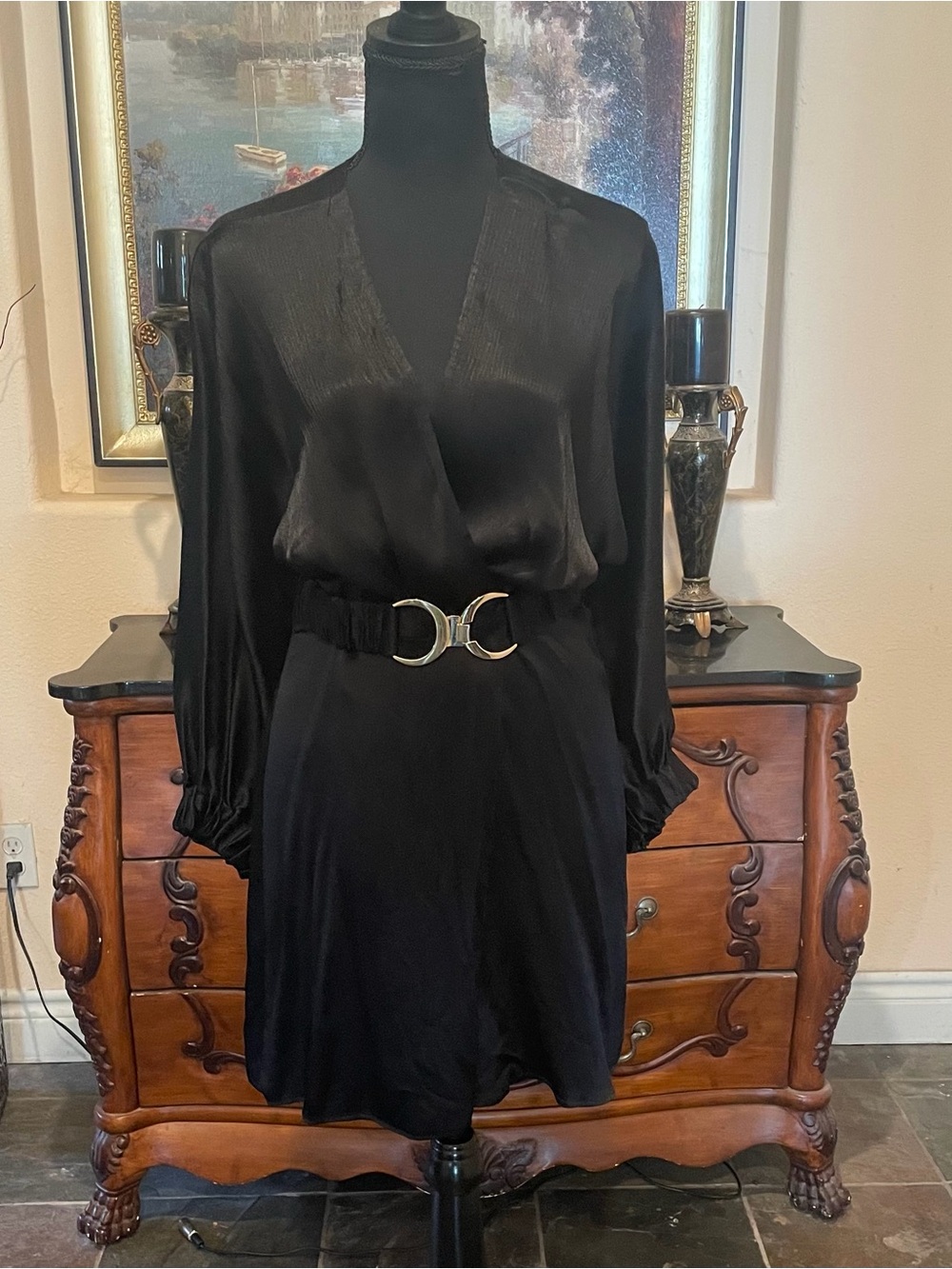 Zara black satin effect belted mini wrap dress